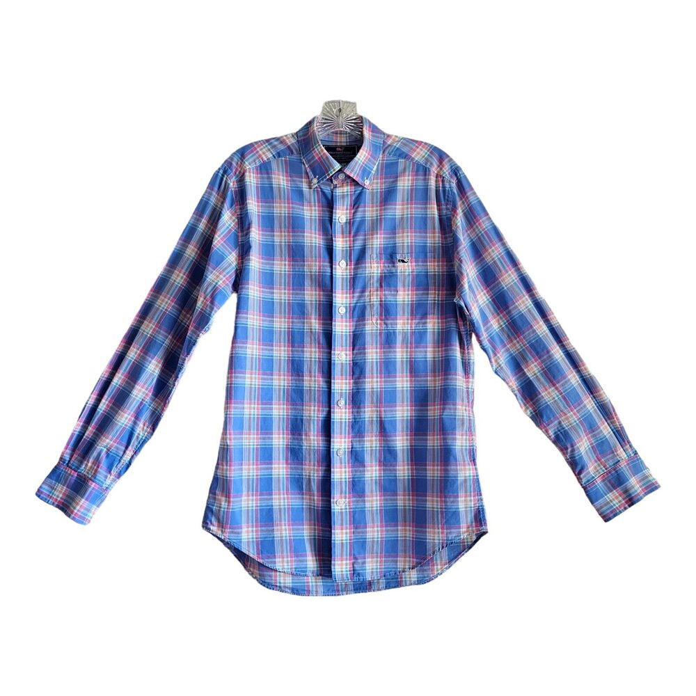 VINEYARD VINES Men S Tucker Shirt Button Down Slim Fit Plaid Blue Pink Logo 38"